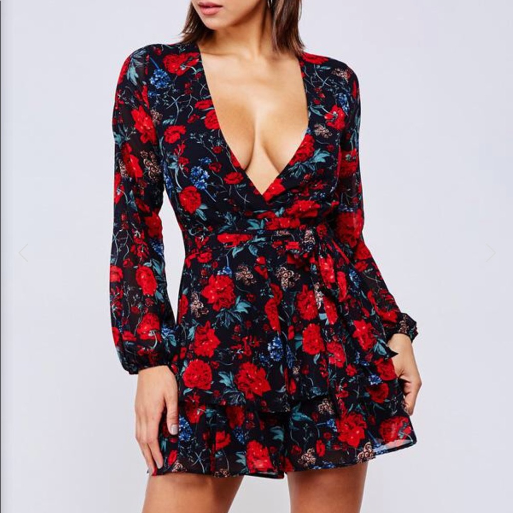 Flower Print Red/Black Romper